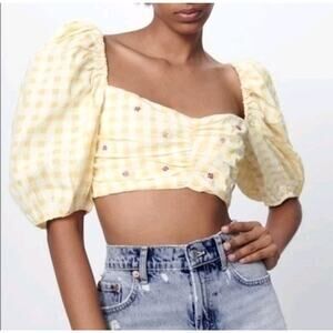 Check Gingham Crop Beaded Flower Top Puff Sleeve Medium Country Cottage Prairie